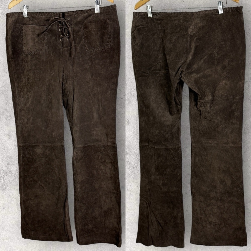NWT Vintage Le Chateau Brown 100% Leather Lace Up Flare Pants Size 14 Boho‎ New